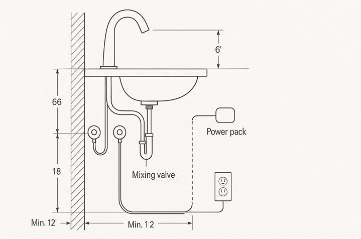 Rough-in diagram coordinating bathroom plumbing fixtures, power, and mixing valves